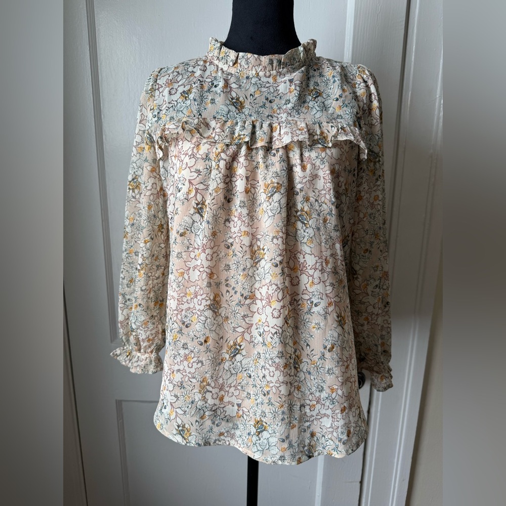 Monteau Floral Ruffle Blouse - Cream and Pink